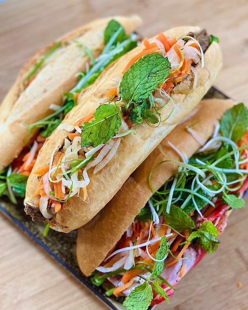 Fresh herbs and vegetables prepared for Vietnamese Banh Mi